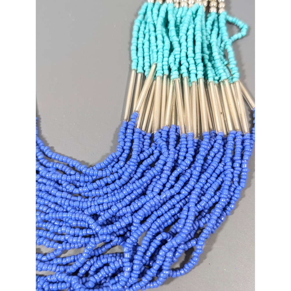 Colorful Multistrand Glass Seed Bead Necklace 24" Blue Yellow‎ Green - Picture 4 of 9